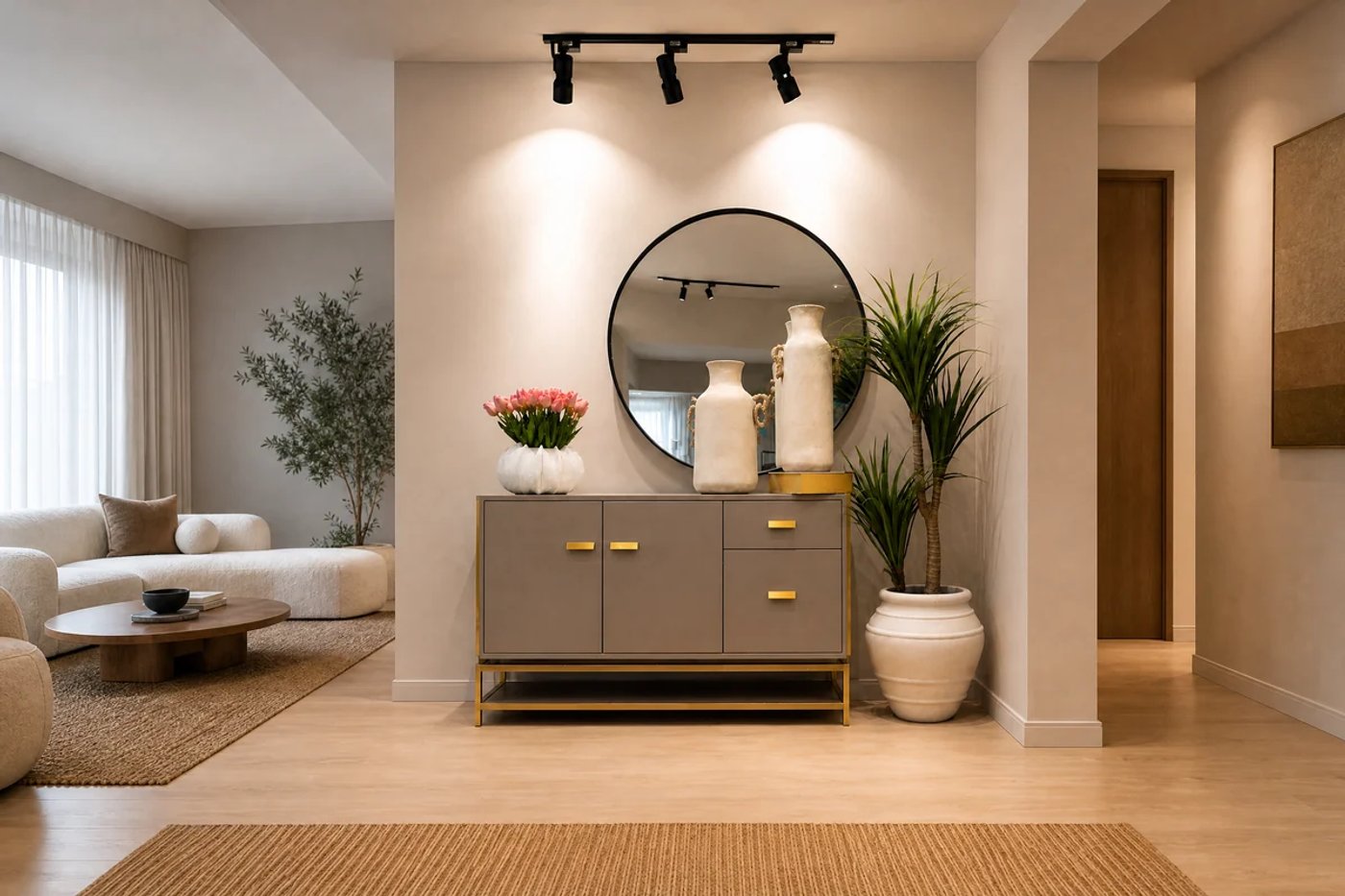 Sala cálida con sofá neutro, espejo, planta y jarrones decorativos.