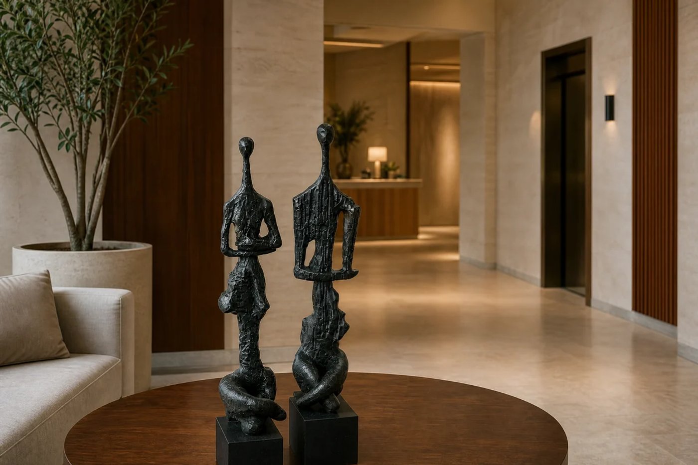 Zona de espera de hotel con esculturas abstractas negras y circulación despejada.