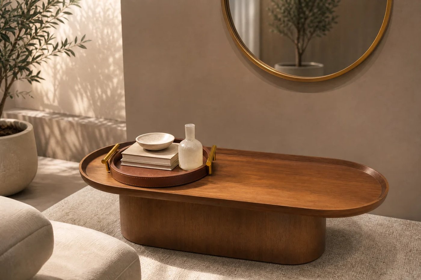 Mesa de centro equilibrada con bandeja café, libro, recipiente bajo y jarrón pequeño.