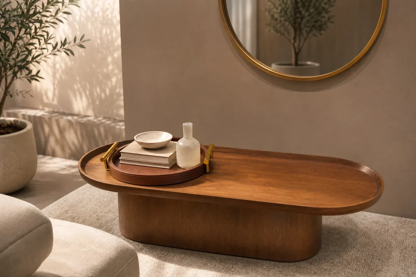 Mesa de centro equilibrada con bandeja café, libro, recipiente bajo y jarrón pequeño.