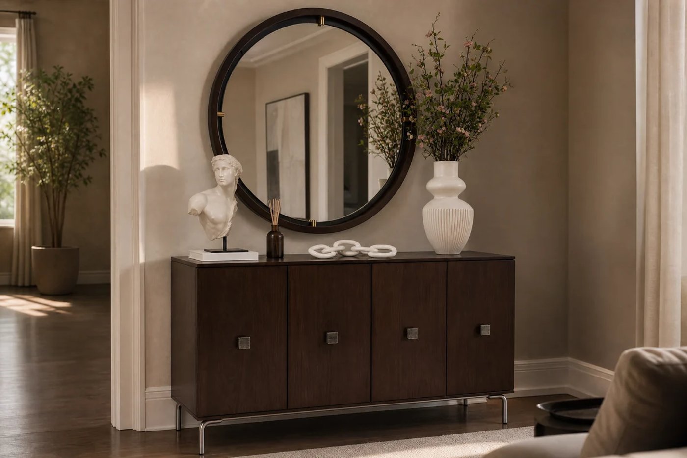 Punto focal en una sala creado con espejo, consola, escultura y jarrón.