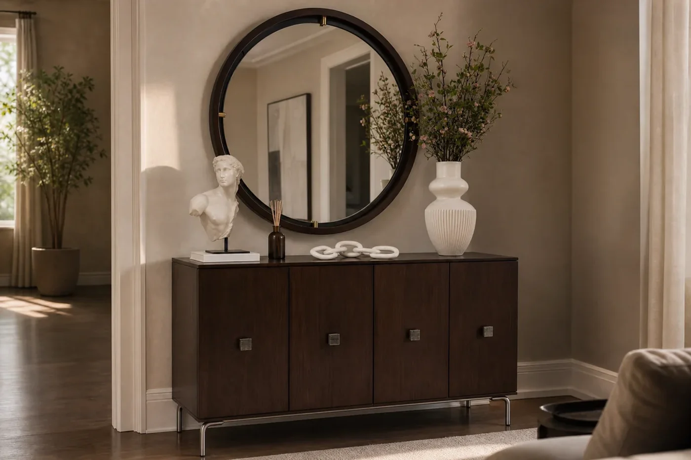Punto focal en una sala creado con espejo, consola, escultura y jarrón.