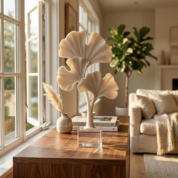 Escultura Hojas Ginkgo Marfil - Imagen 1