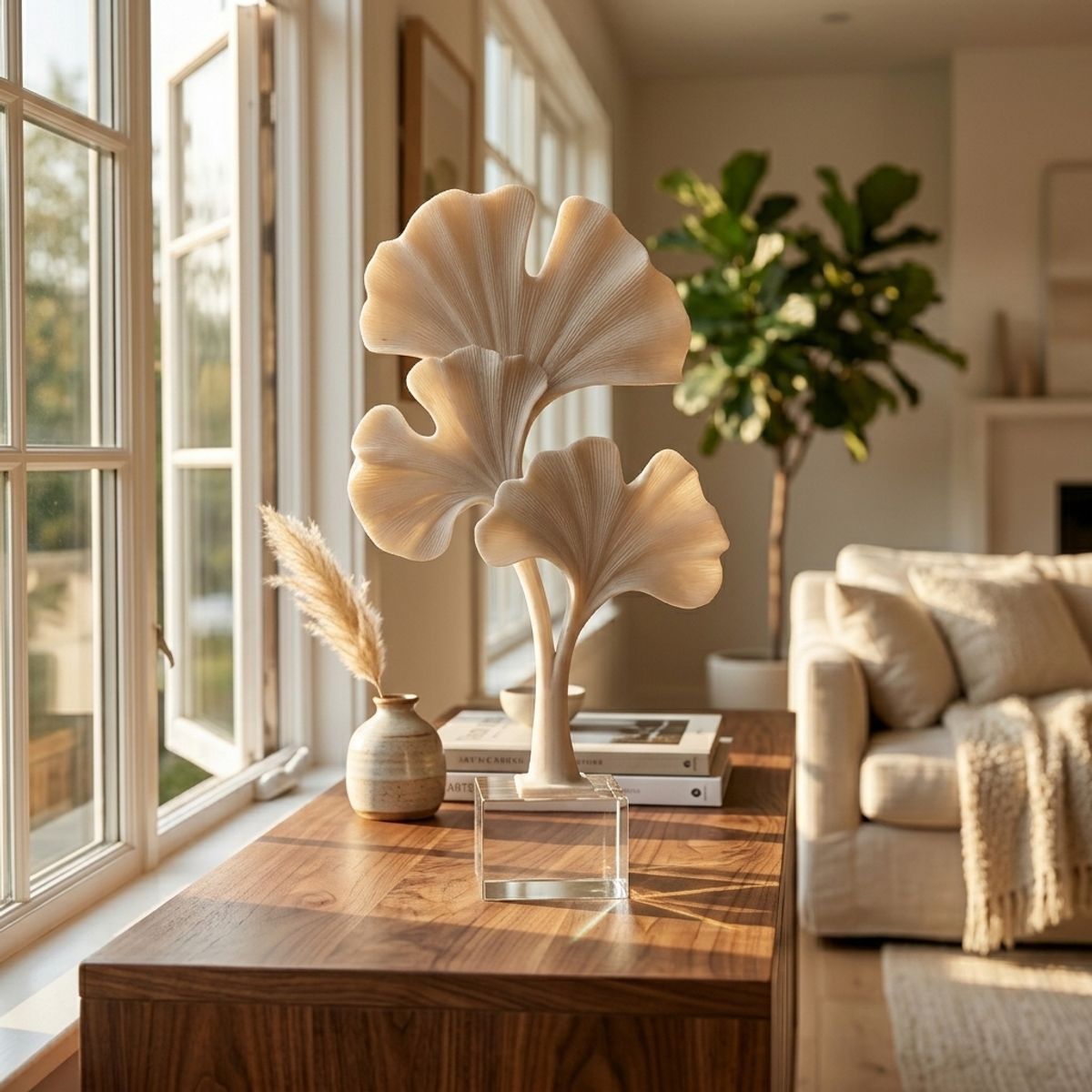 Escultura Hojas Ginkgo Marfil