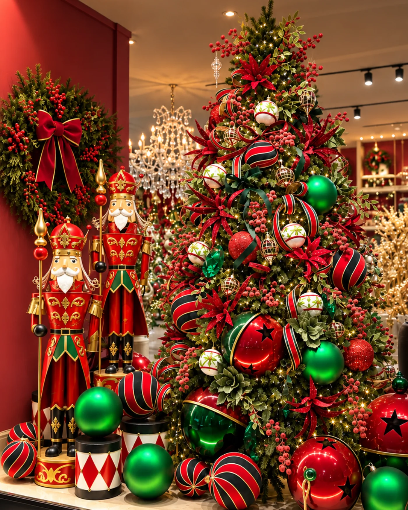 Árbol navideño decorado en una exhibición comercial con adornos rojos y verdes.