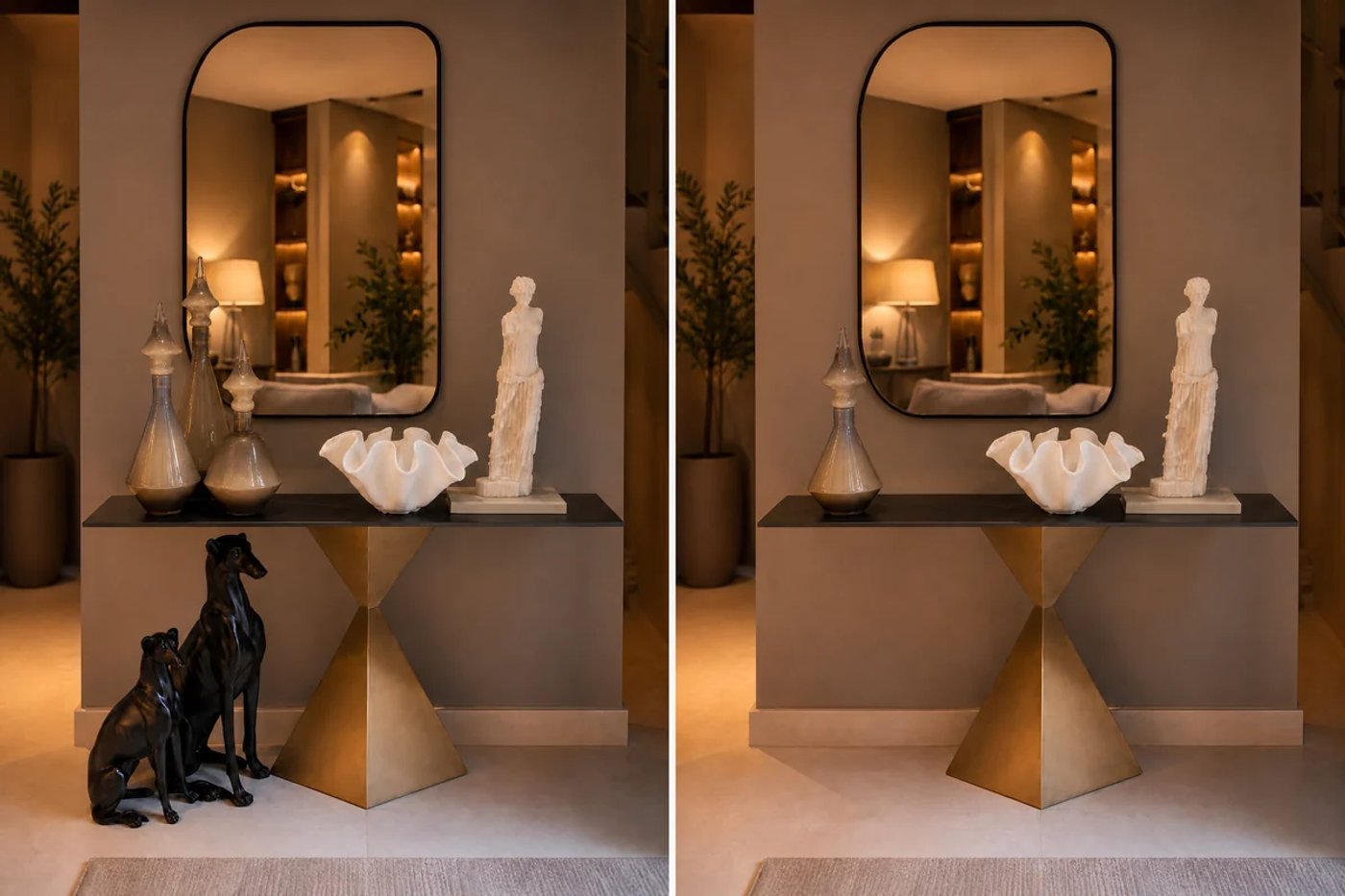 Comparación entre una sala recargada y una sala visualmente equilibrada.
