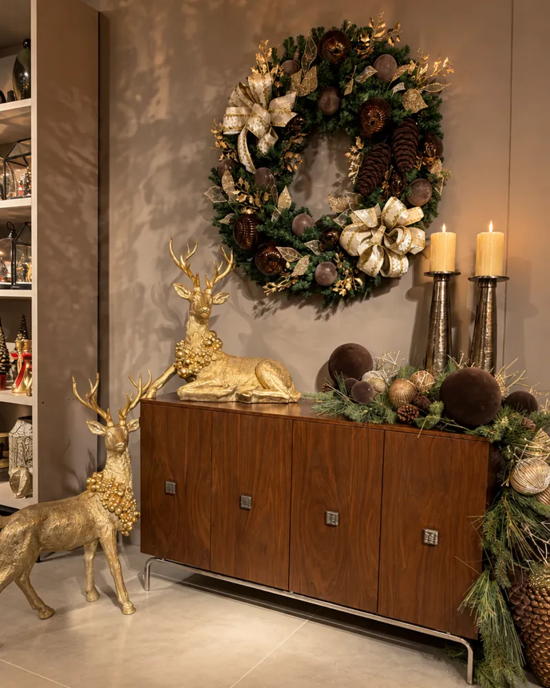 Interior residencial con aparador de madera, corona navideña en la pared, velas y decoración en tonos verdes y dorados.