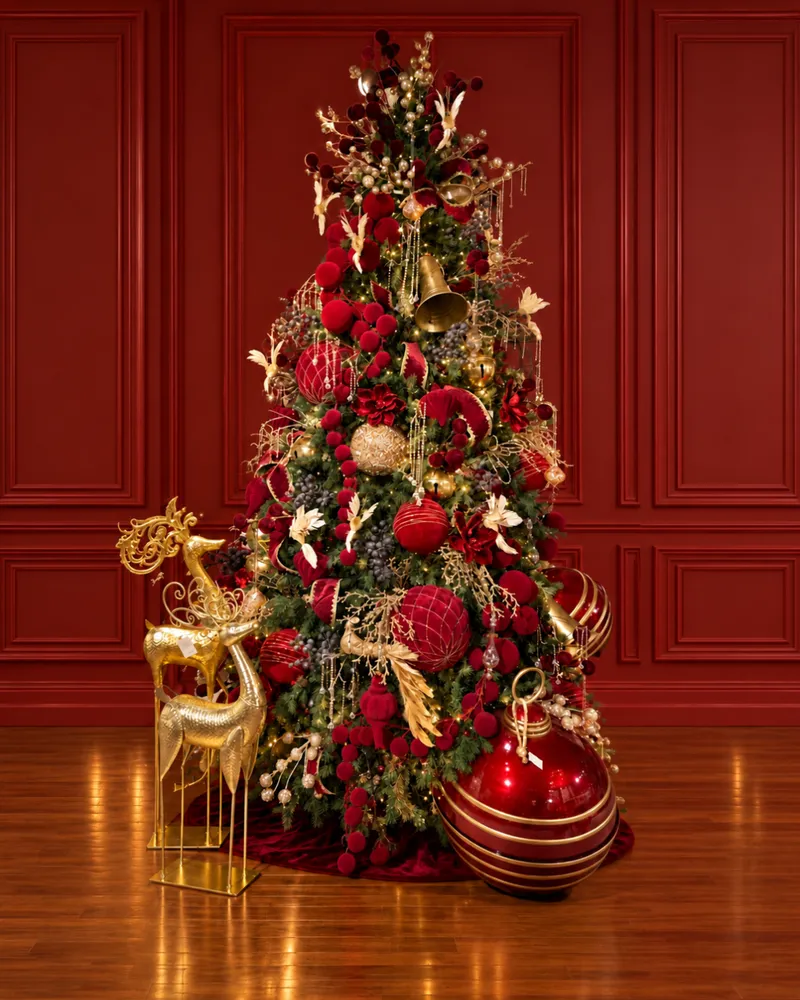 Árbol navideño verde decorado en rojo y dorado frente a un muro panelado rojo.