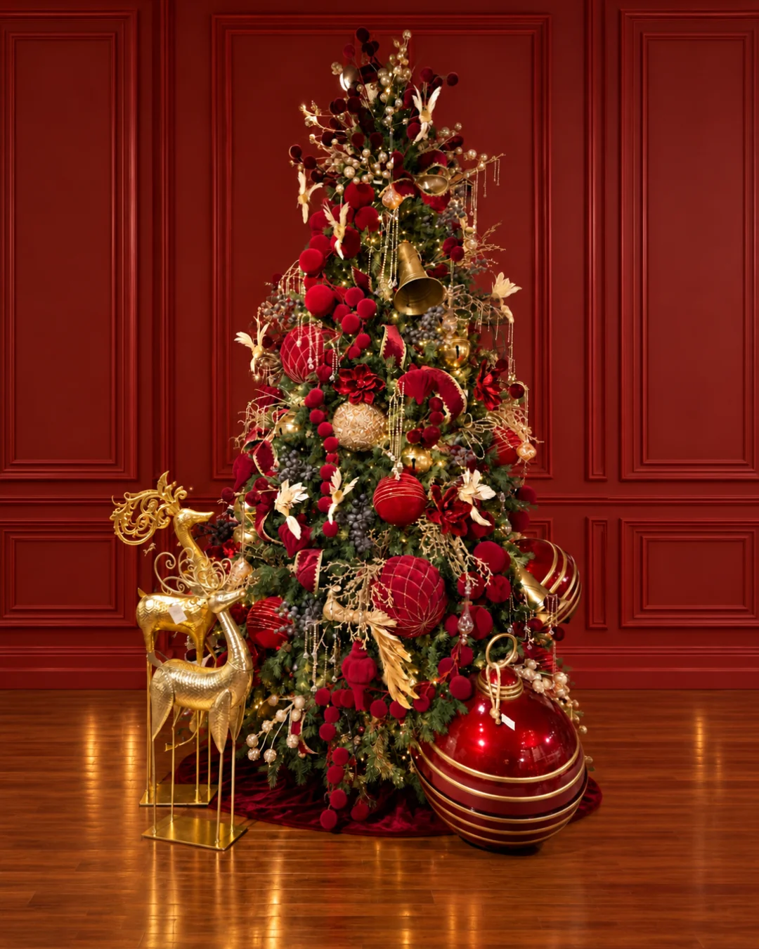 Árbol navideño verde decorado en rojo y dorado frente a un muro panelado rojo.