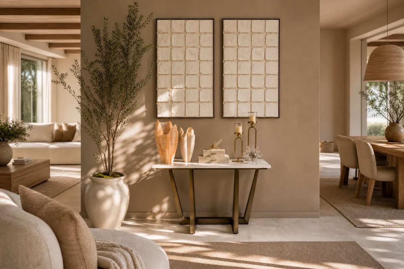 Interior cálido con consola, planta, jarrones y circulación despejada.