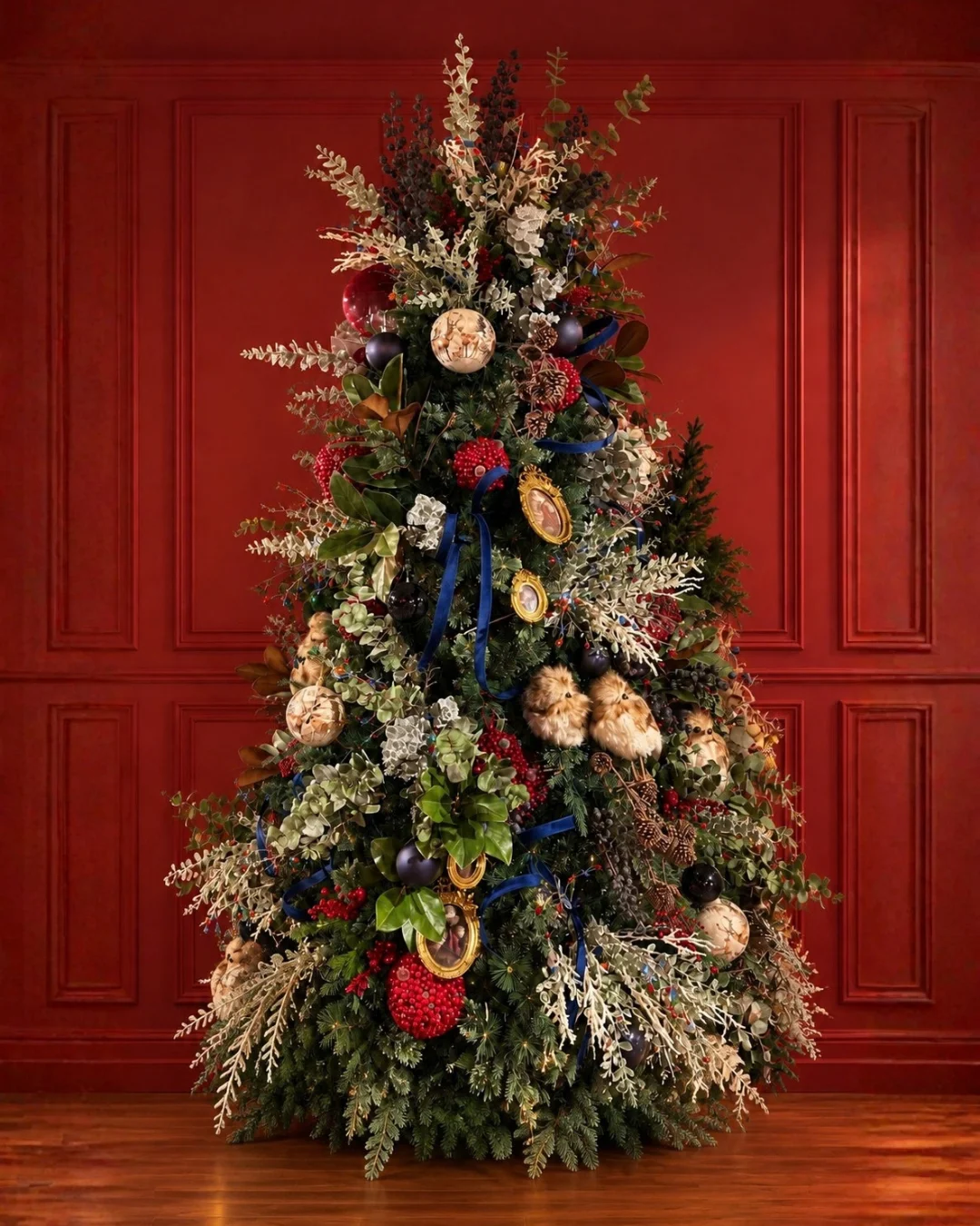 Árbol navideño decorado frente a un muro rojo y suelo de madera en una exhibición interior.