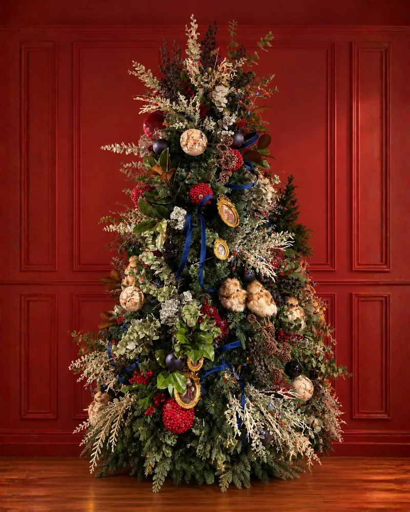 Árbol navideño decorado frente a un muro rojo y suelo de madera en una exhibición interior.