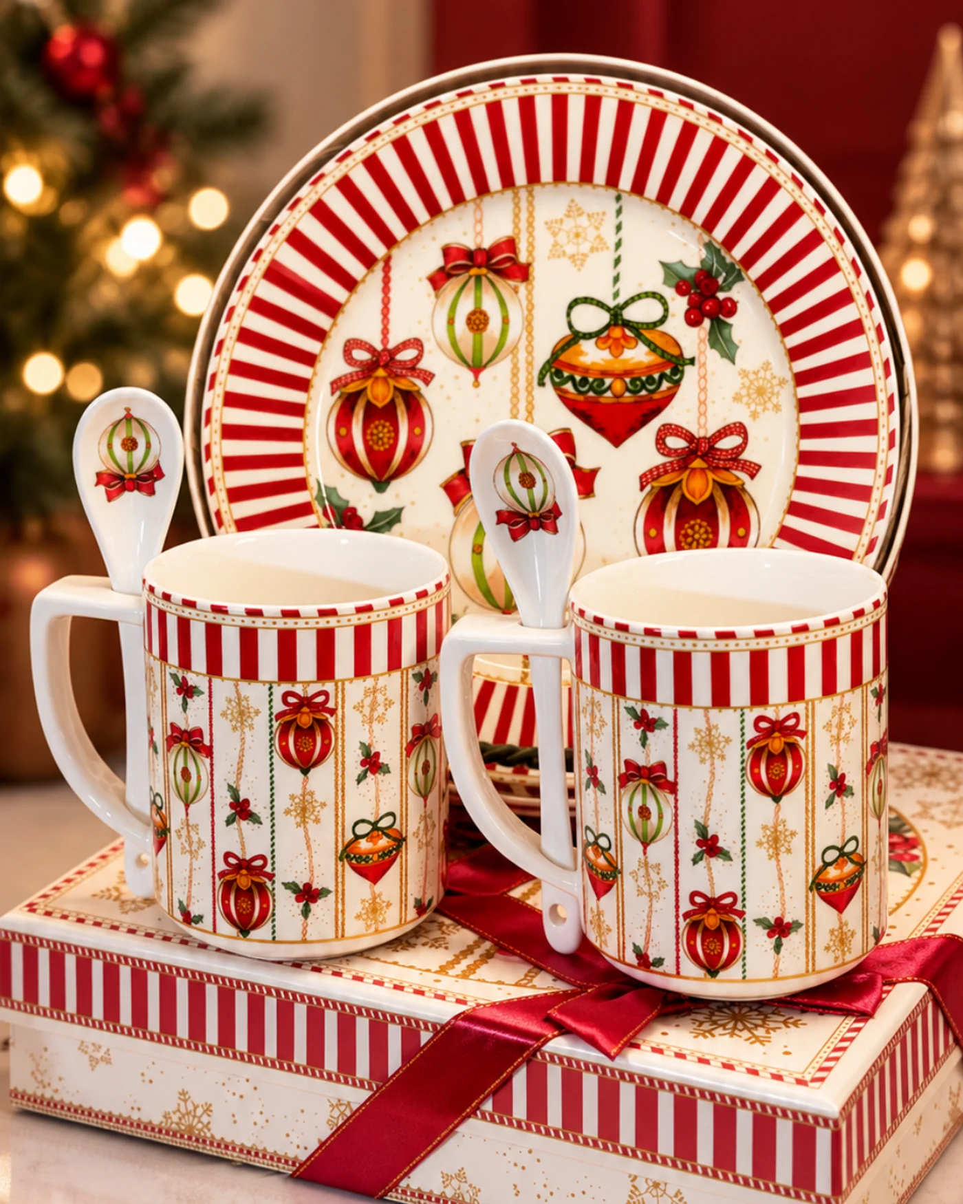 Cuatro tazas decorativas con personajes navideños agrupadas sobre una repisa blanca.