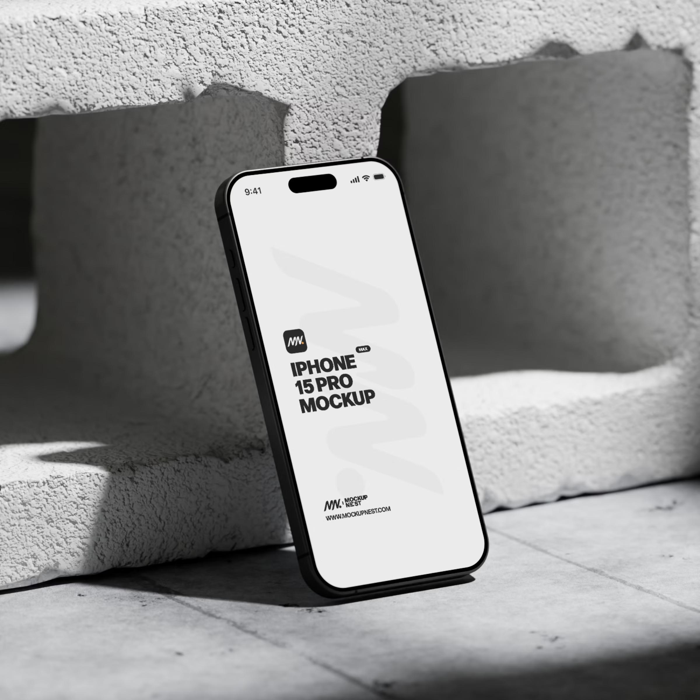 Iphone 15 Pro On Concrete Brick Mockup 3