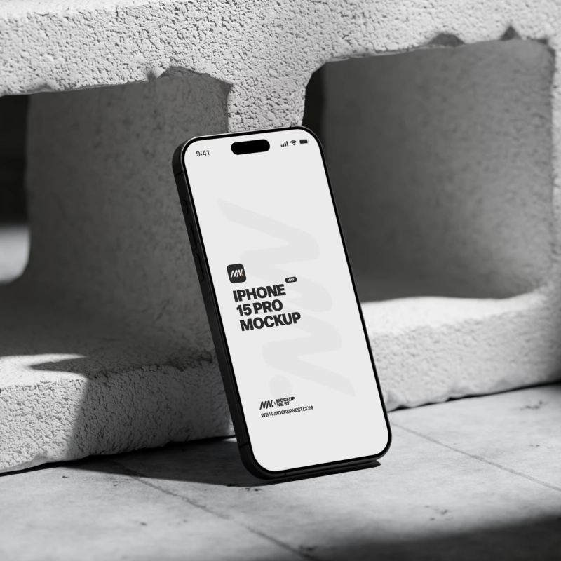 Iphone 15 Pro On Concrete Brick Mockup 3