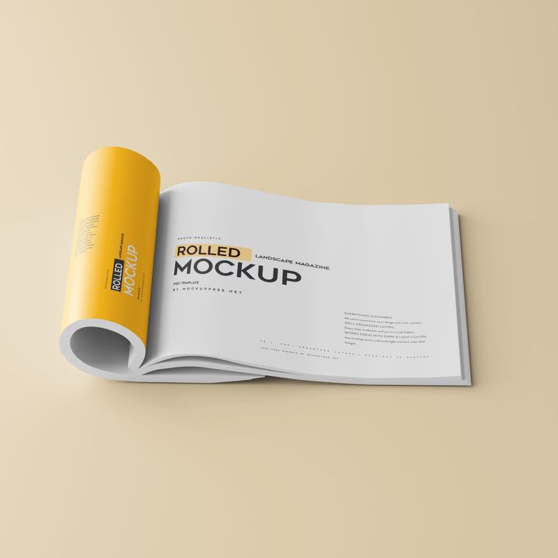 Rolled up landscape / horizontal magazine mockup 3