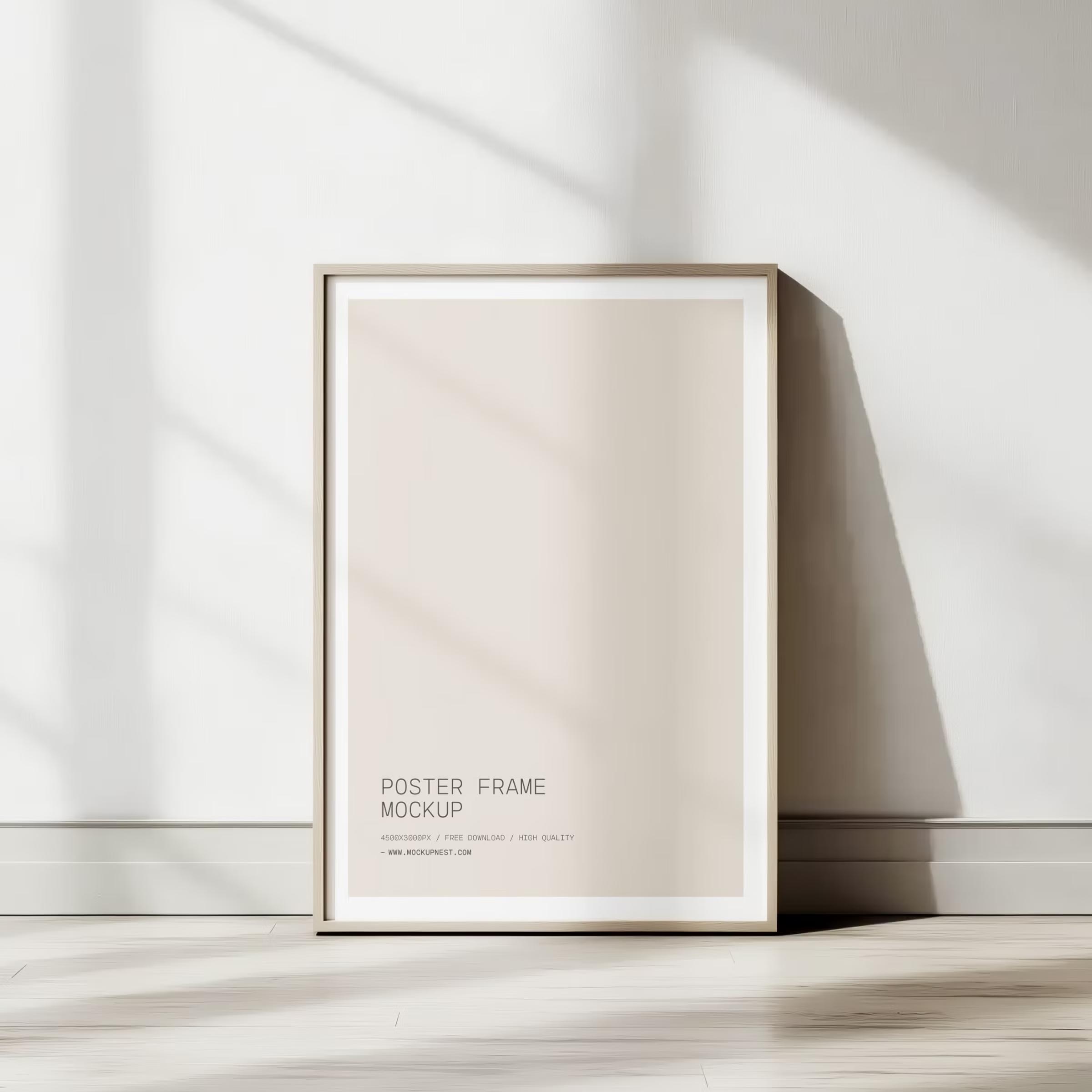 Free Wooden Poster Frame Mockup In Indoor Soft Light