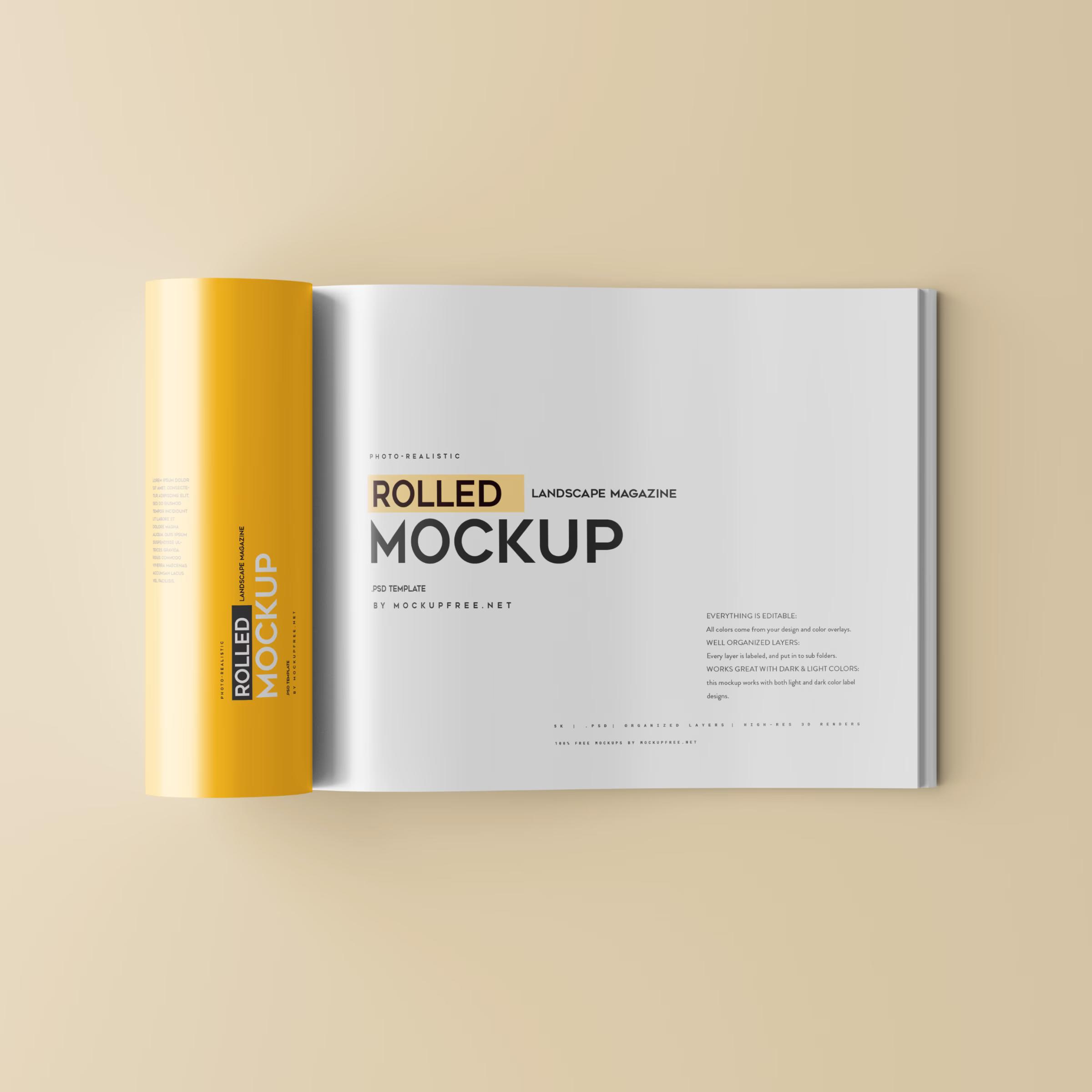 Rolled up landscape / horizontal magazine mockup 2