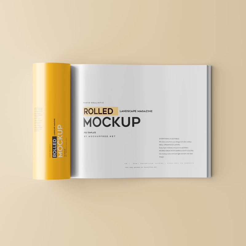 Rolled up landscape / horizontal magazine mockup 2