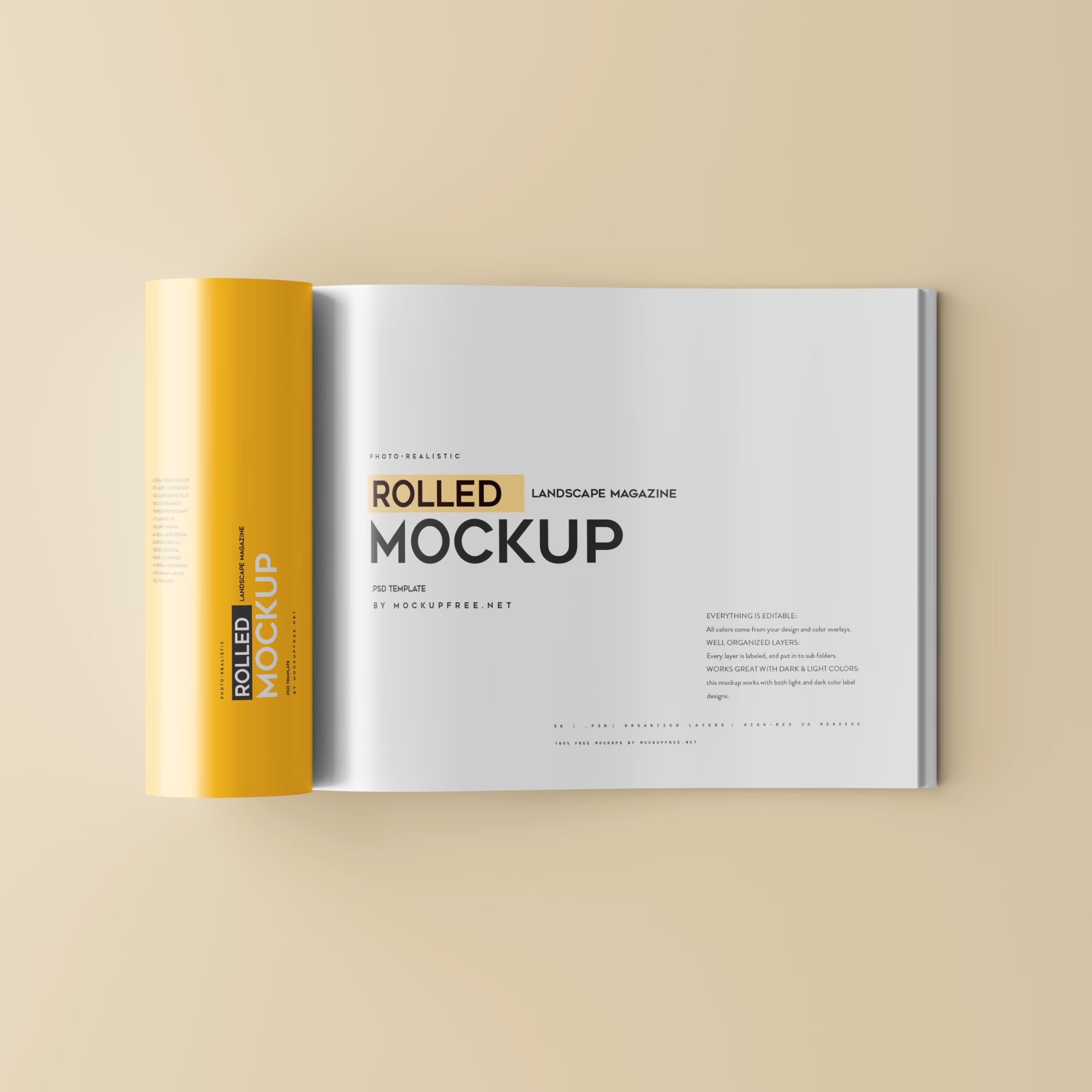 Rolled up landscape / horizontal magazine mockup 2