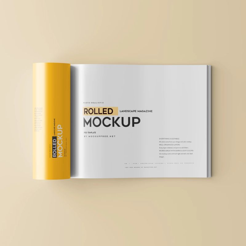 Rolled up landscape / horizontal magazine mockup 2