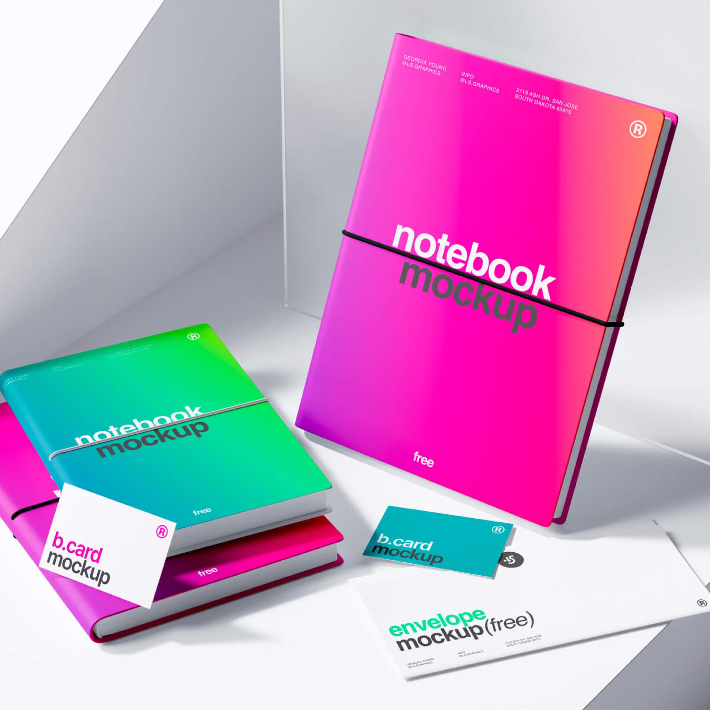 Notebook and Business Cards with Envelope Mockup