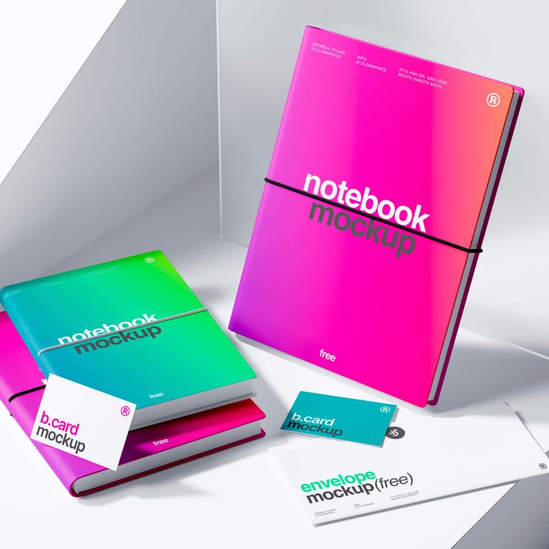 Notebook and Business Cards with Envelope Mockup