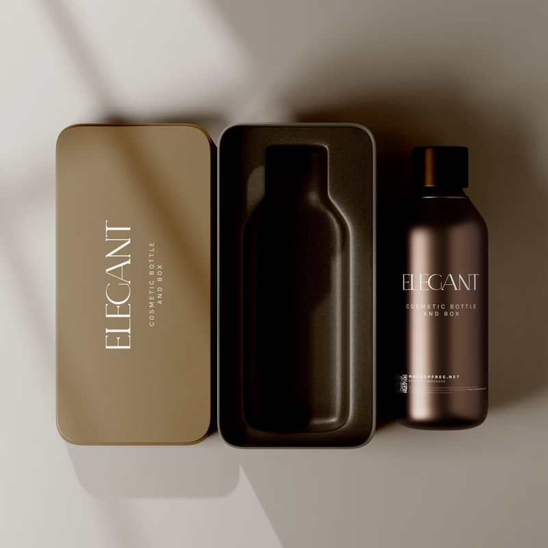 Metallic Box and Glass Bottle Packaging Mockups 2