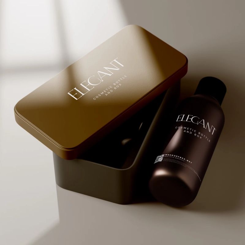 Metallic Box and Glass Bottle Packaging Mockups 4
