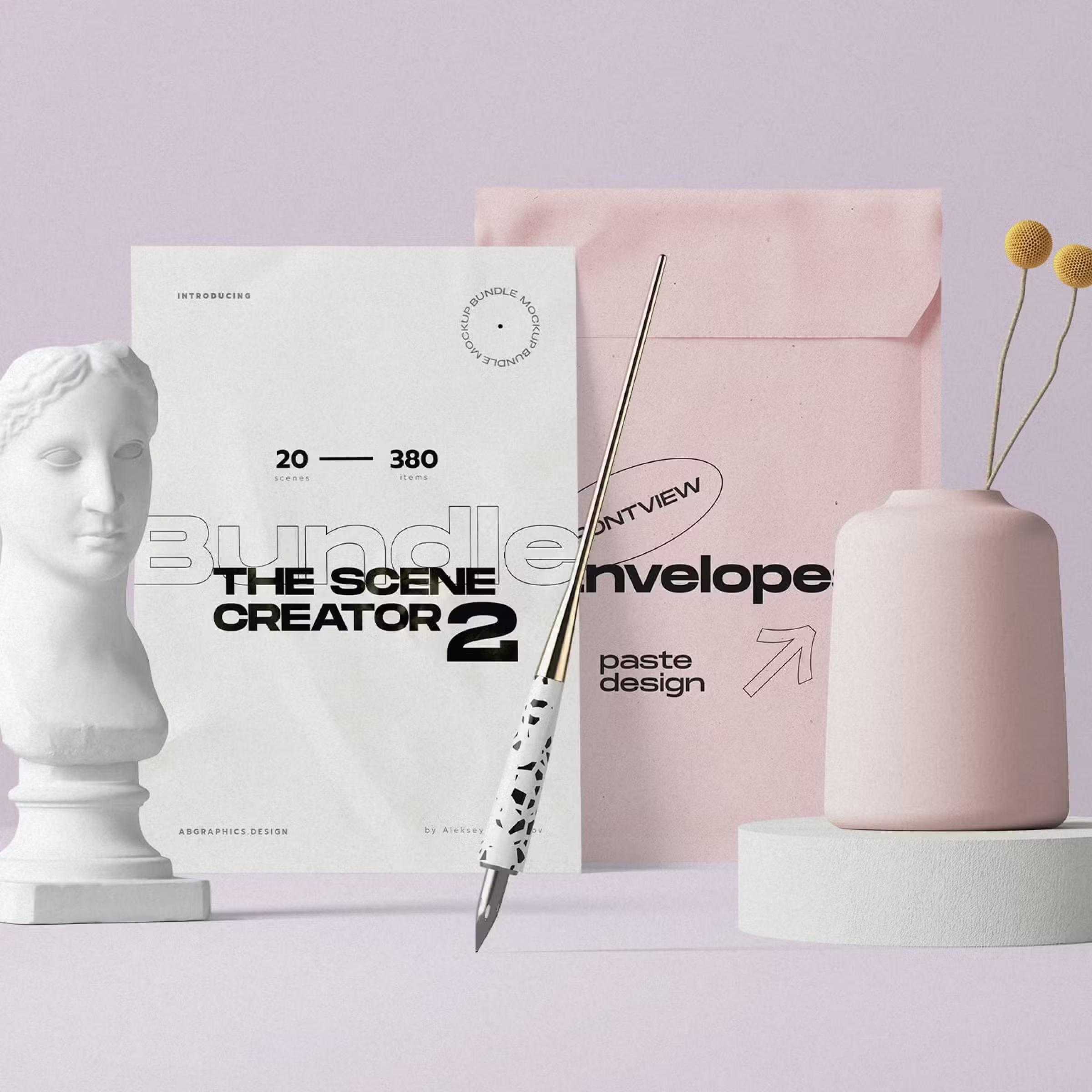 Free Envelope And Papers With Bust Mockup Front View