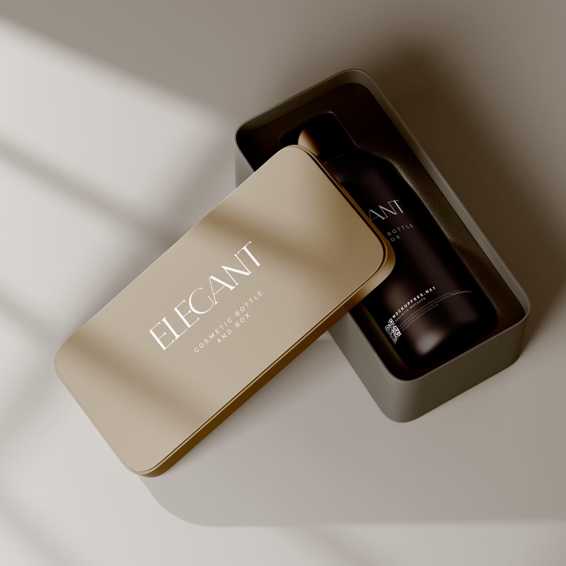 Metallic Box and Glass Bottle Packaging Mockups 3