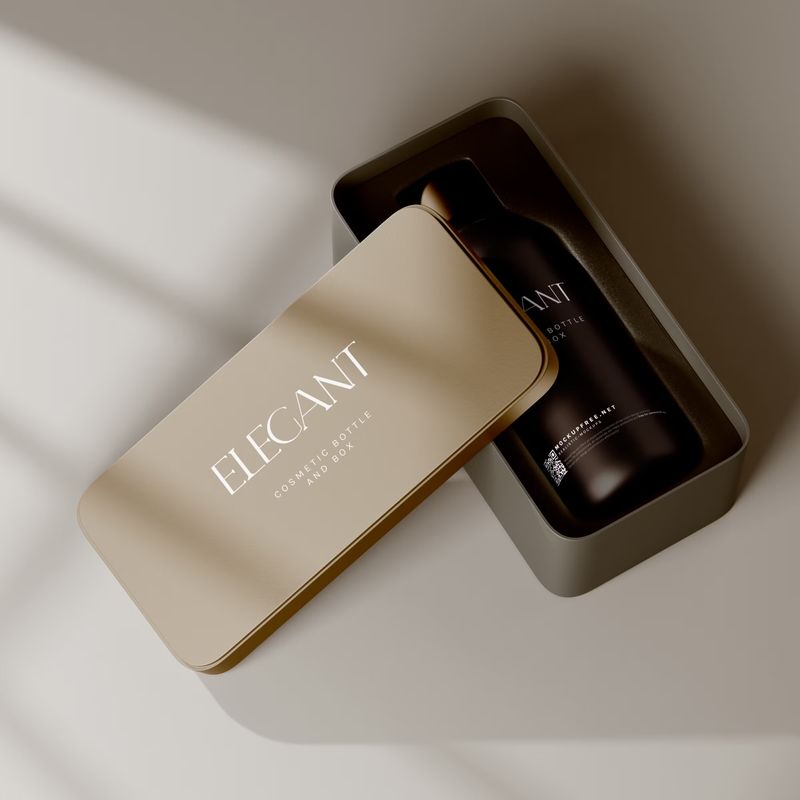 Metallic Box and Glass Bottle Packaging Mockups 3