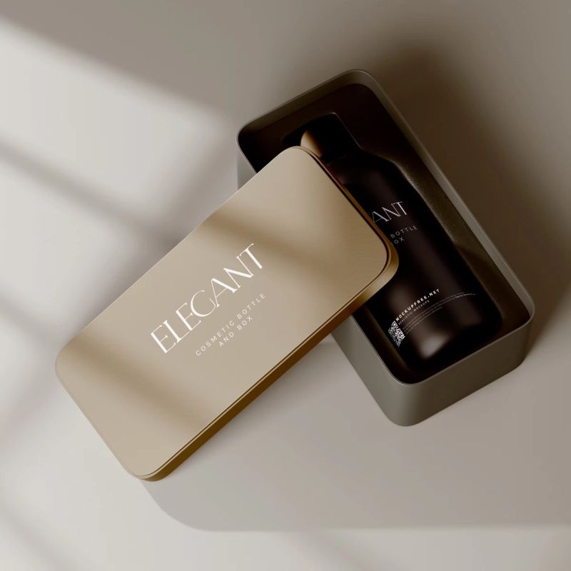 Metallic Box and Glass Bottle Packaging Mockups 3