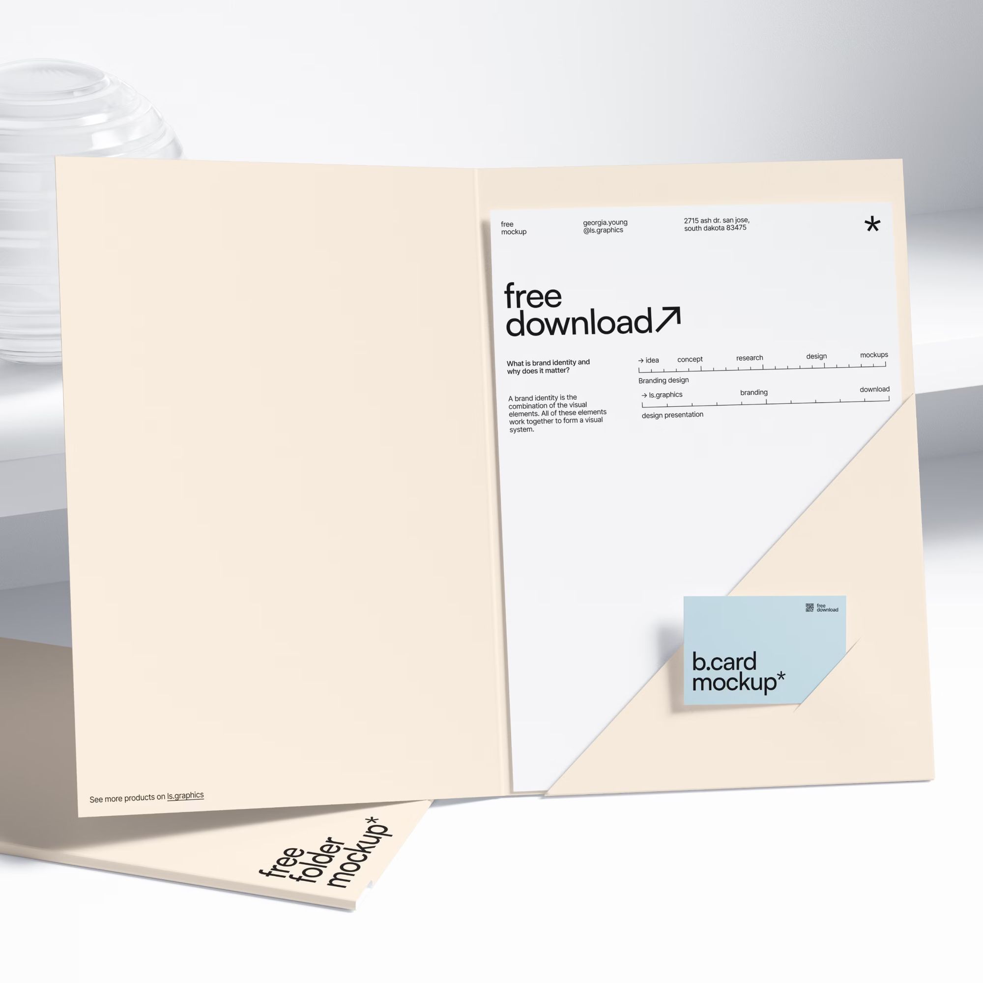 Free Folder and Paper with Business Card Mockup