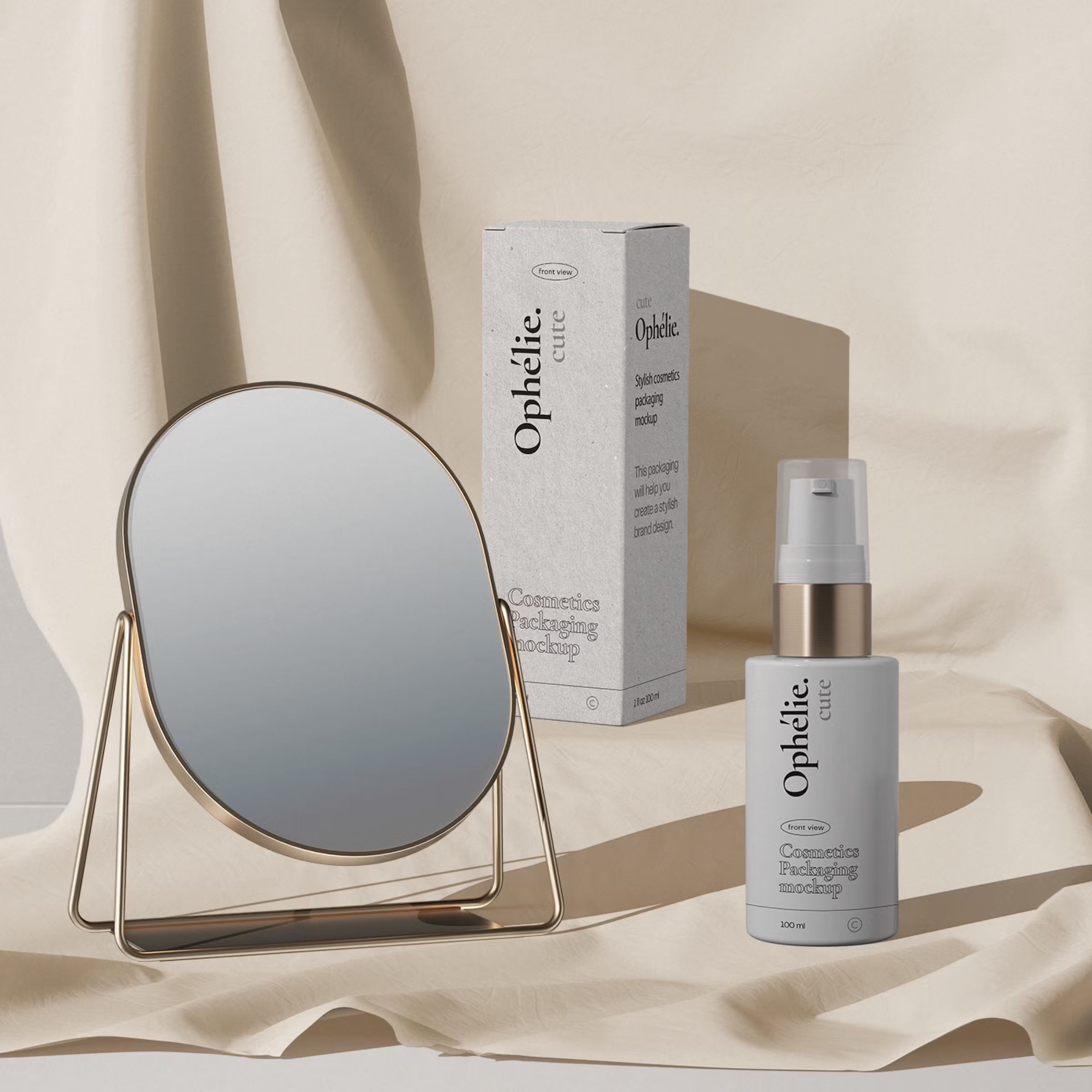 Free Modern Scene With Cosmetics Bottle And Paper Box Mockups Front View