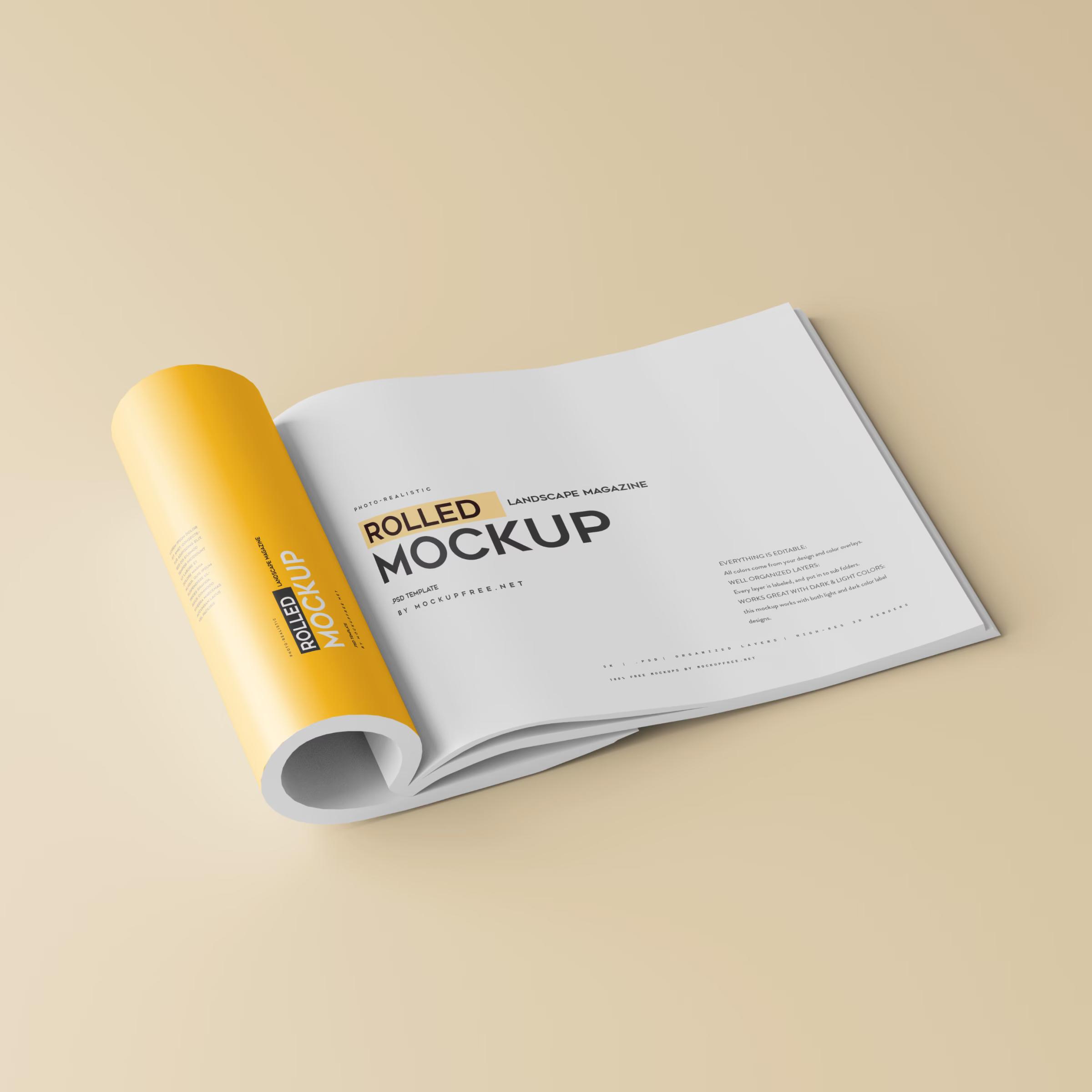 Rolled up landscape / horizontal magazine mockup
