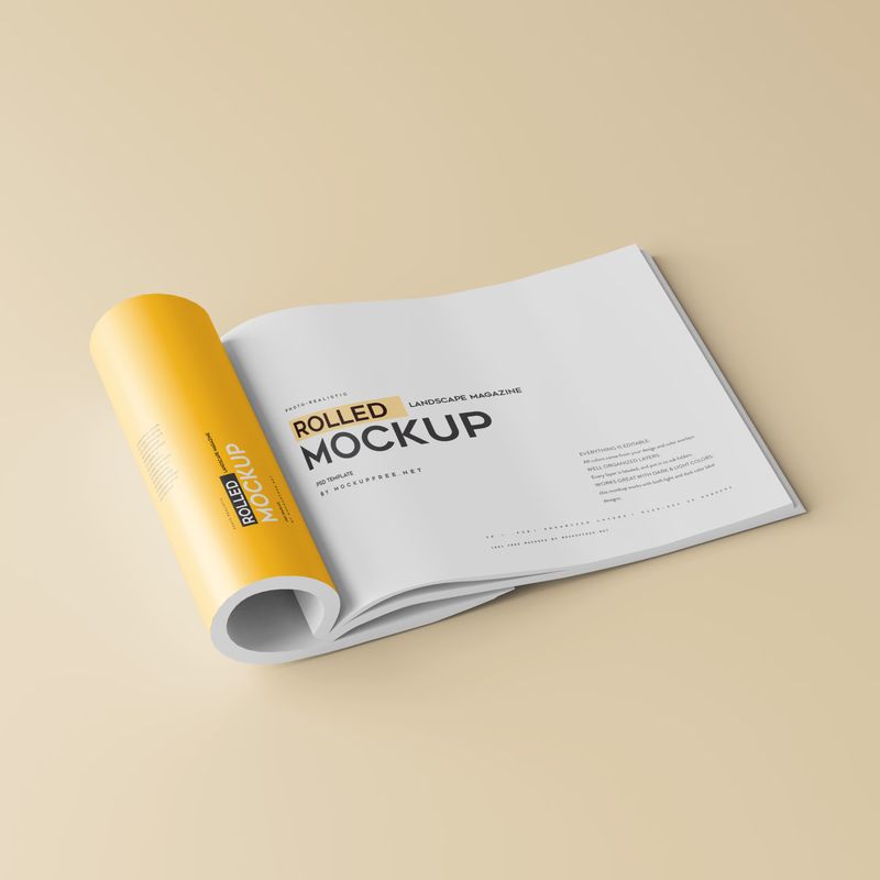 Rolled up landscape / horizontal magazine mockup