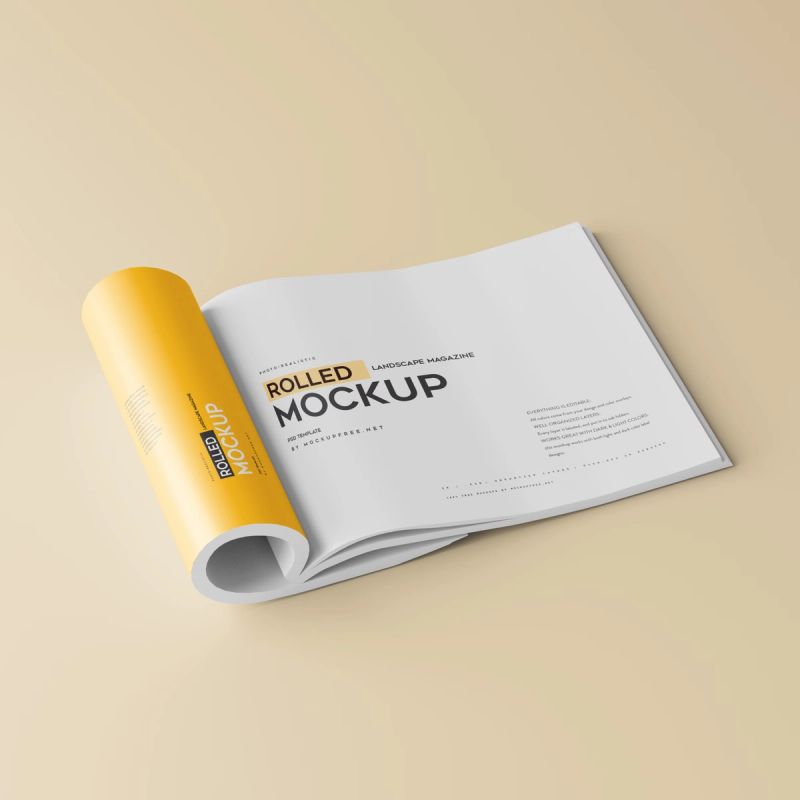Rolled up landscape / horizontal magazine mockup