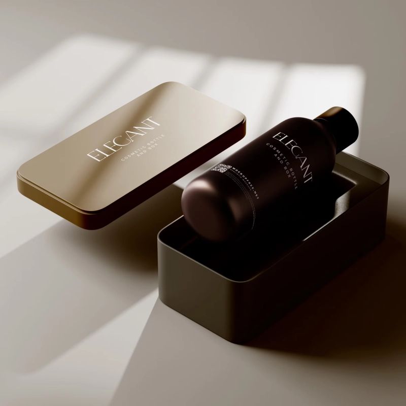 Metallic Box and Glass Bottle Packaging Mockups 6