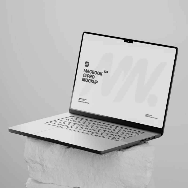 Macbook Pro On White Rock Mockup 3