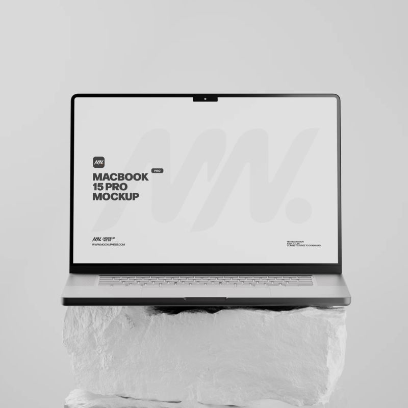 Macbook Pro On White Rock Mockup 2