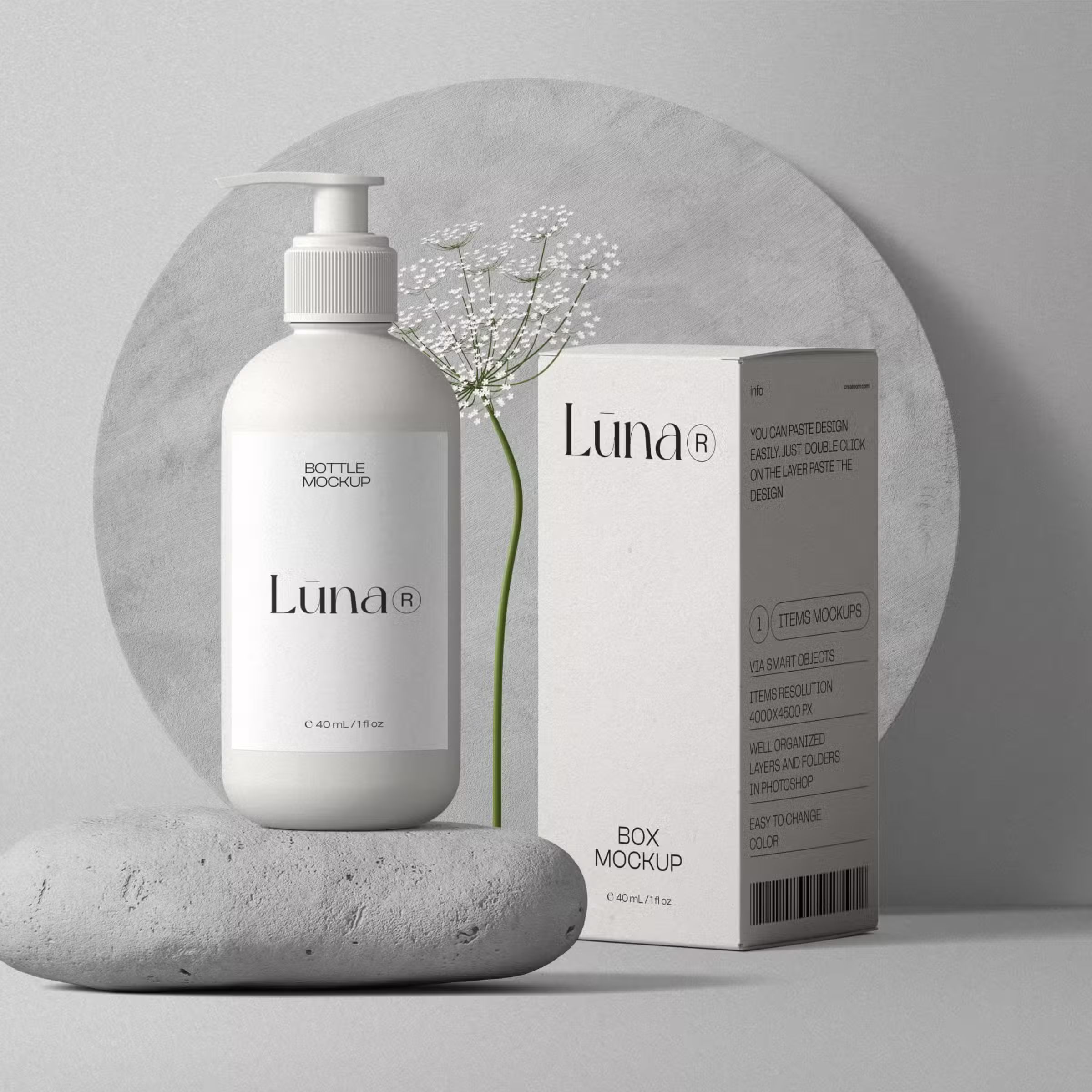 Free Cosmetic Bottle With Pump And Paper Box Mockups On Stone Front View