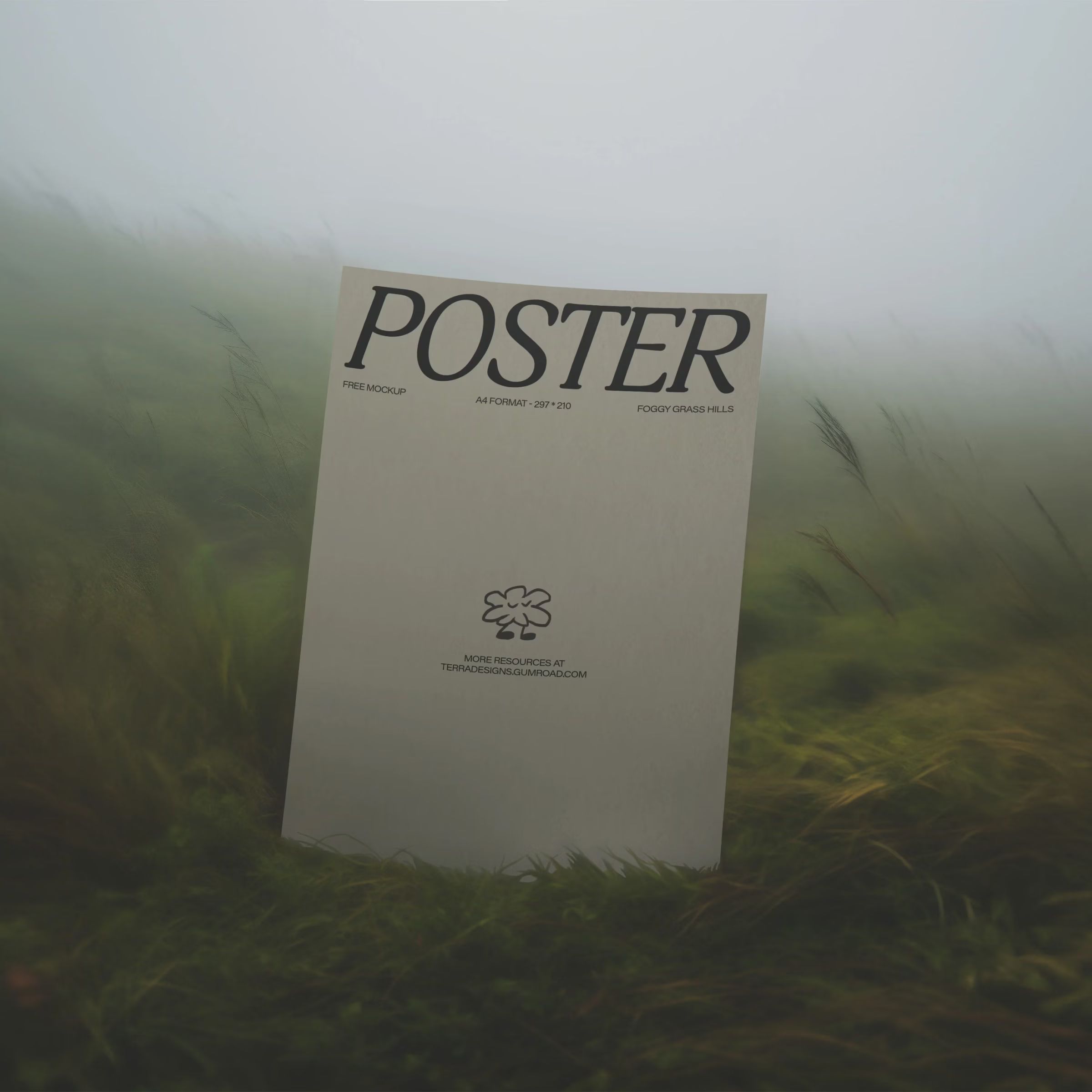 FREE Poster mockup - foggy grass hills