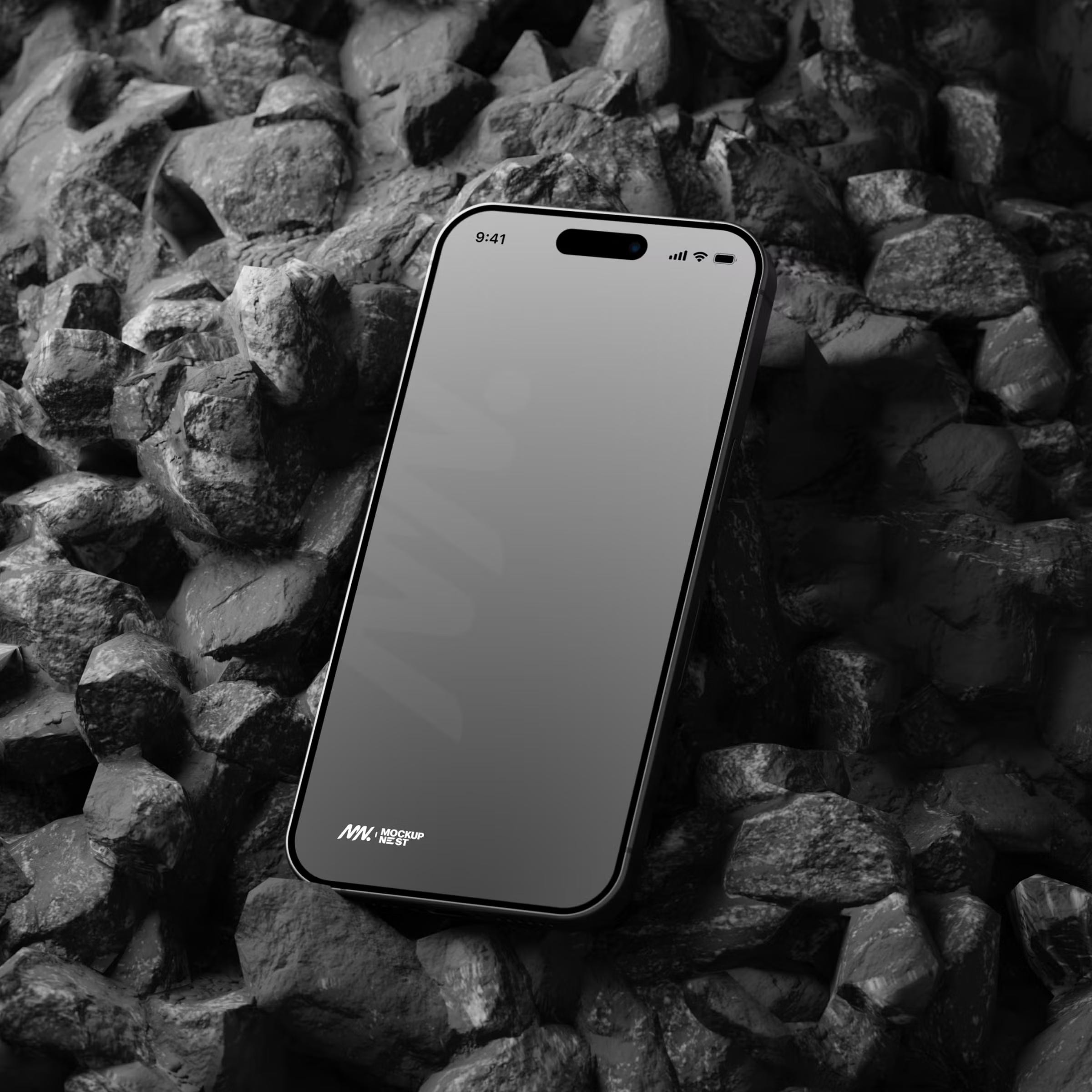 Free iPhone 15 Pro Mockup On Black Stone