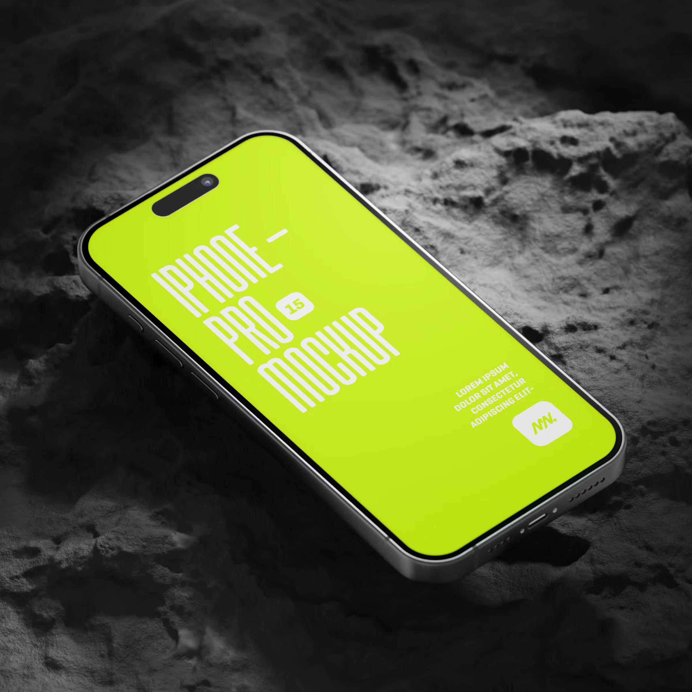 Free iPhone 15 Pro On Rock Mockup 3