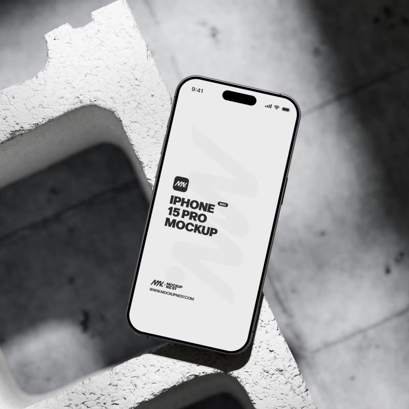 Iphone 15 Pro On Concrete Brick Mockup