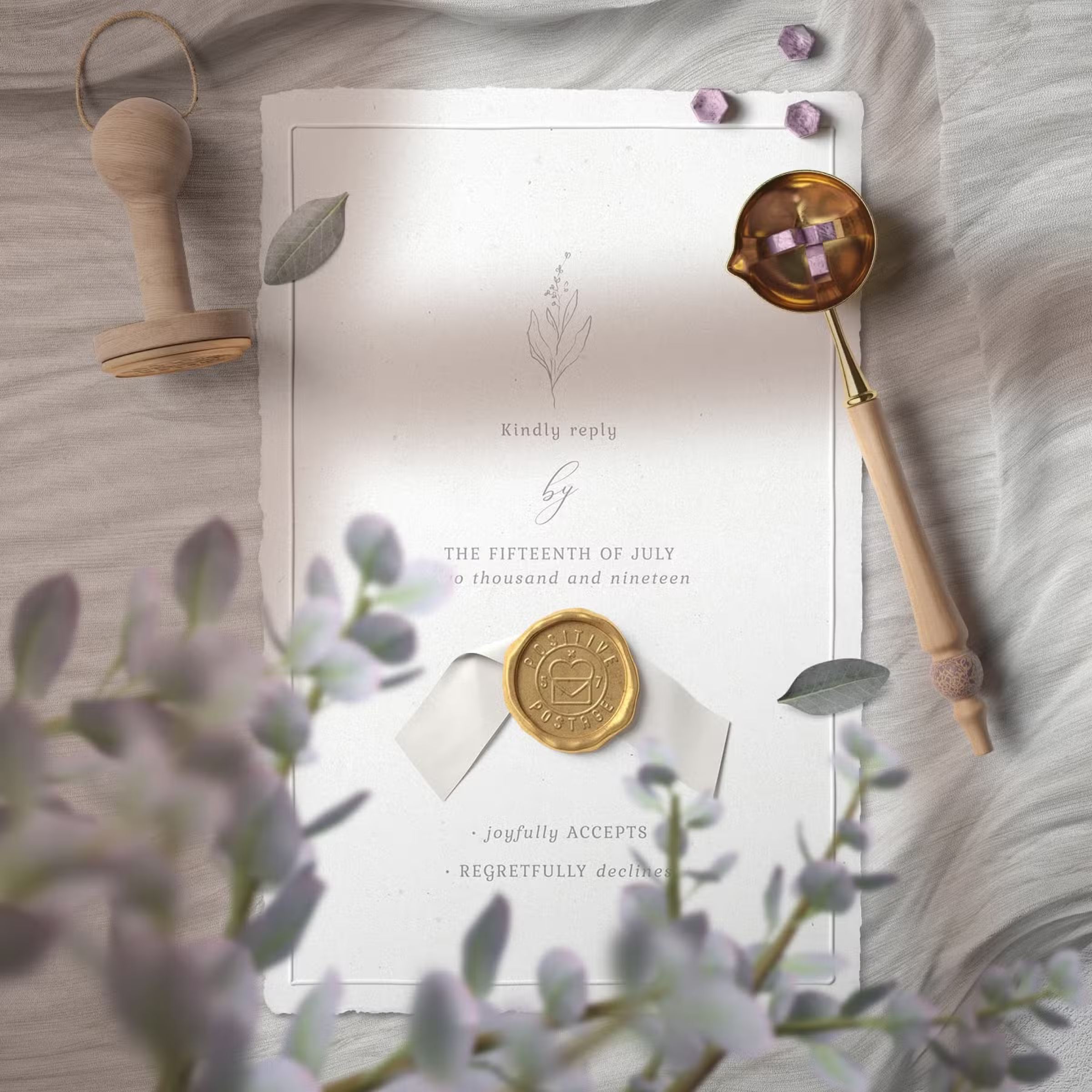 Free Wax Seal Invitation Card On Cloth Mockup Top View