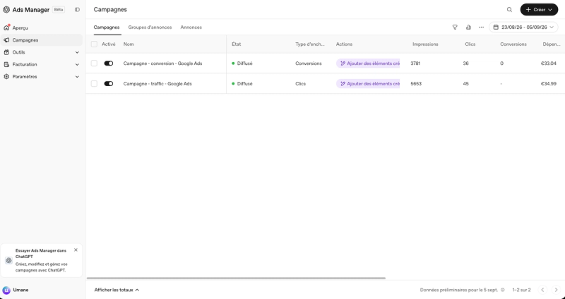 Vue liste des campagnes ChatGPT Ads Manager avec impressions, clics, conversions et dépenses