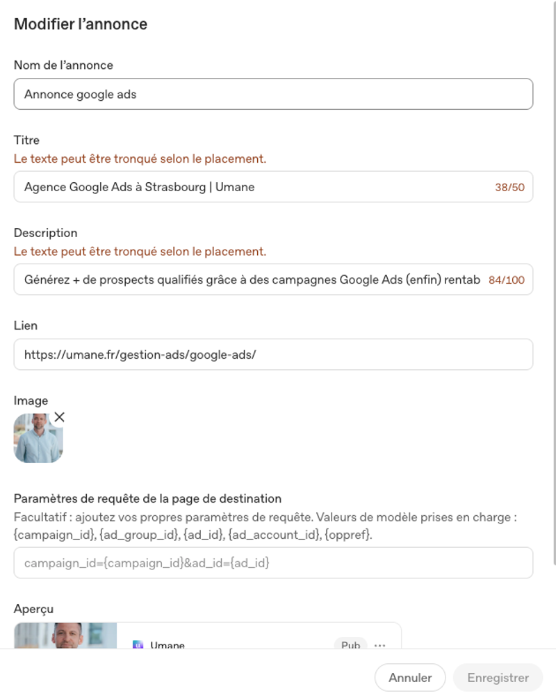 Panneau de création d'une annonce ChatGPT Ads : titre 50 chars, description 100 chars, image, aperçu