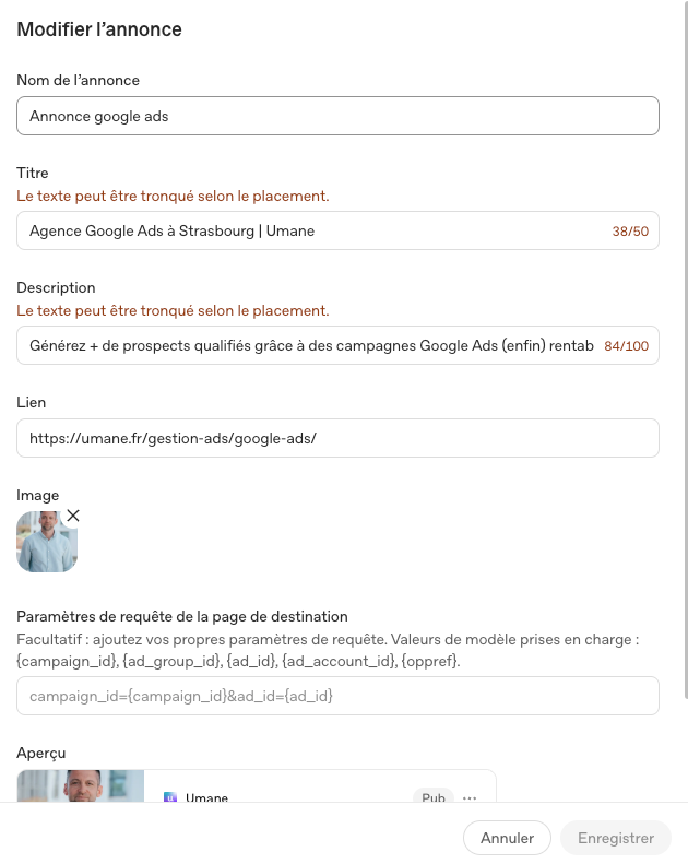 Panneau de création d'une annonce ChatGPT Ads : titre 50 chars, description 100 chars, image, aperçu